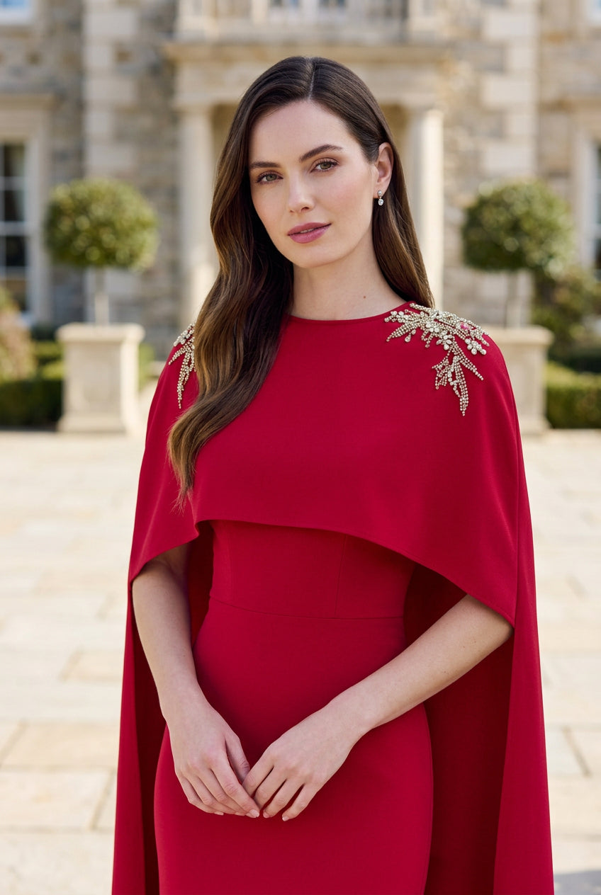 Cape Evening Gown with Beaded Shoulder Detail