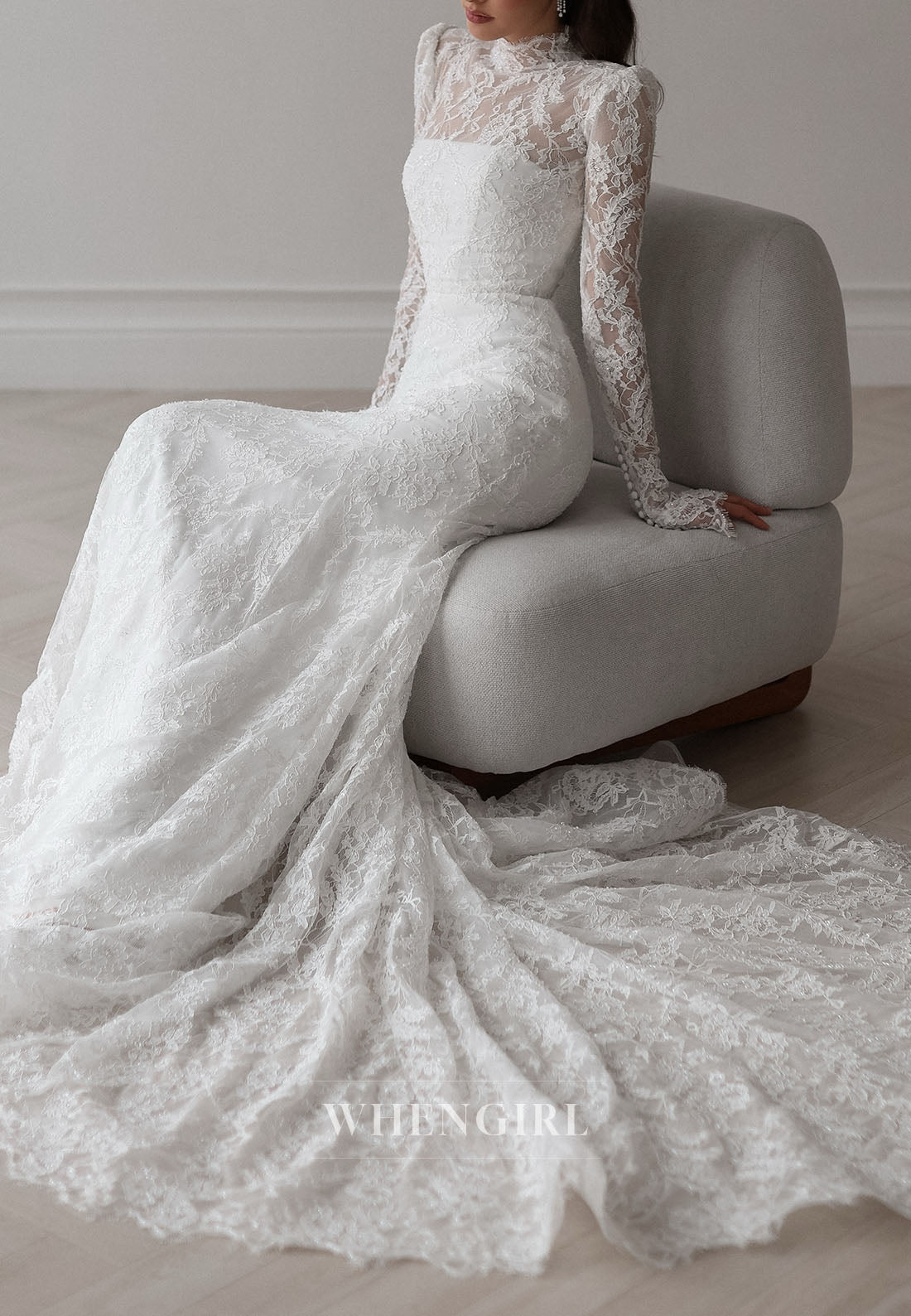 High Neck Lace Wedding Dress with Overskirt