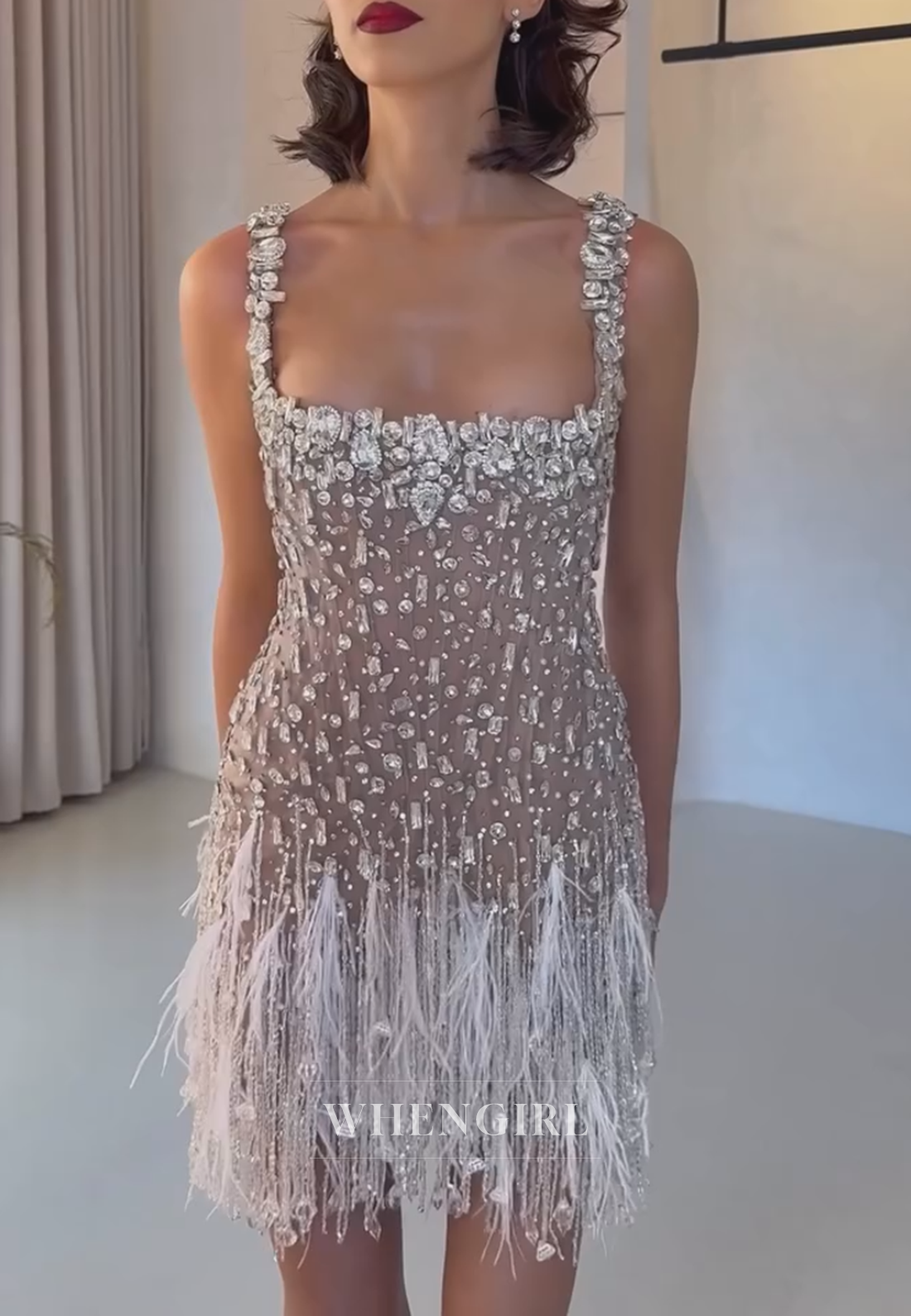 Rhinestone Embellished Feather Mini Dress