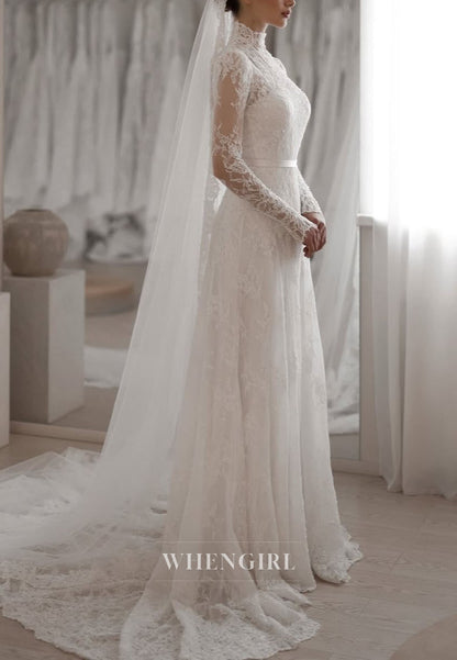 High Neck Lace Long Sleeve Wedding Dress