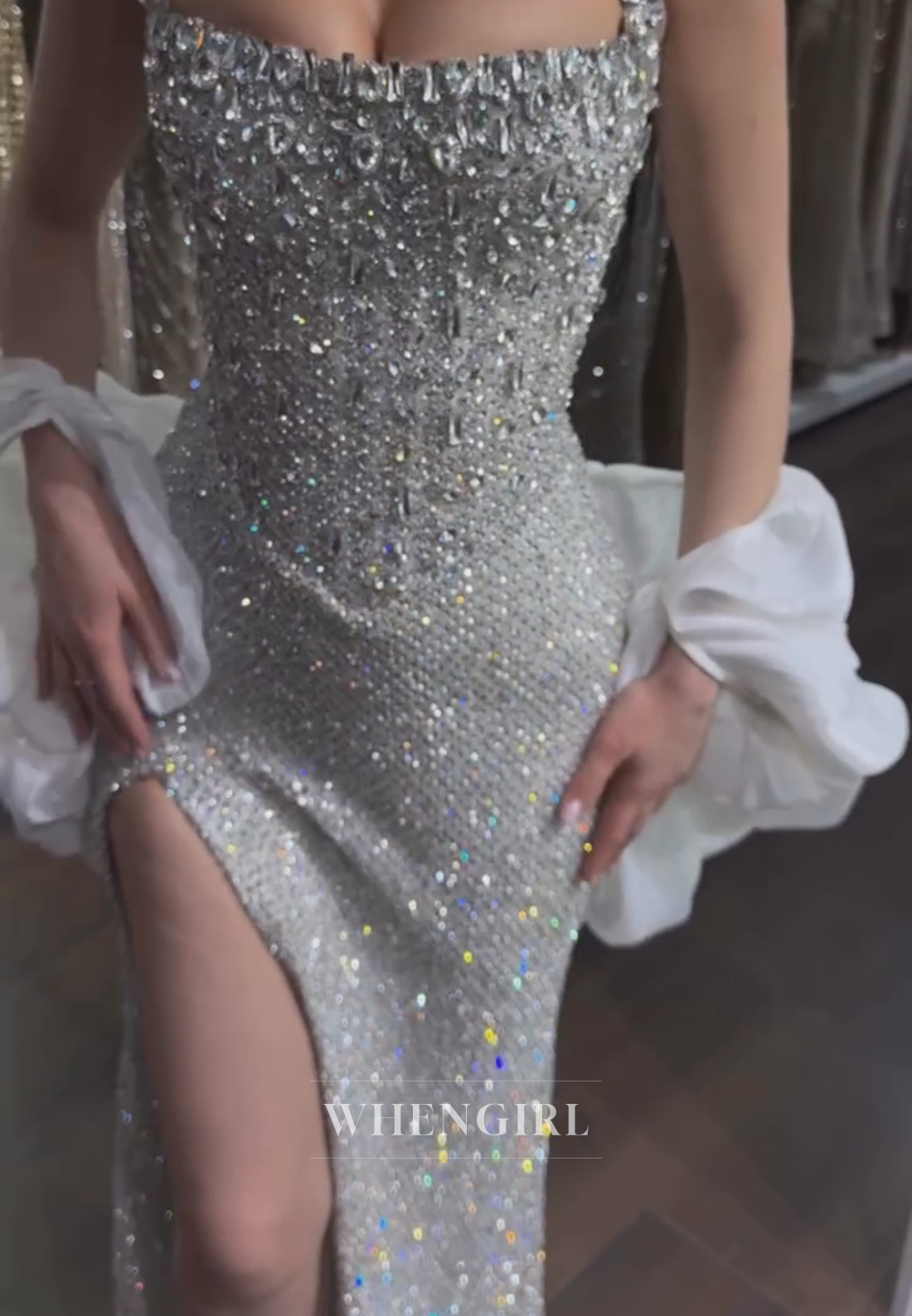 Embellished Slit Evening Gown with Ruffle Sleeves