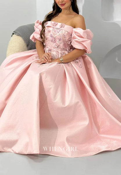 Floral Applique Puff Sleeve Ankle Gown