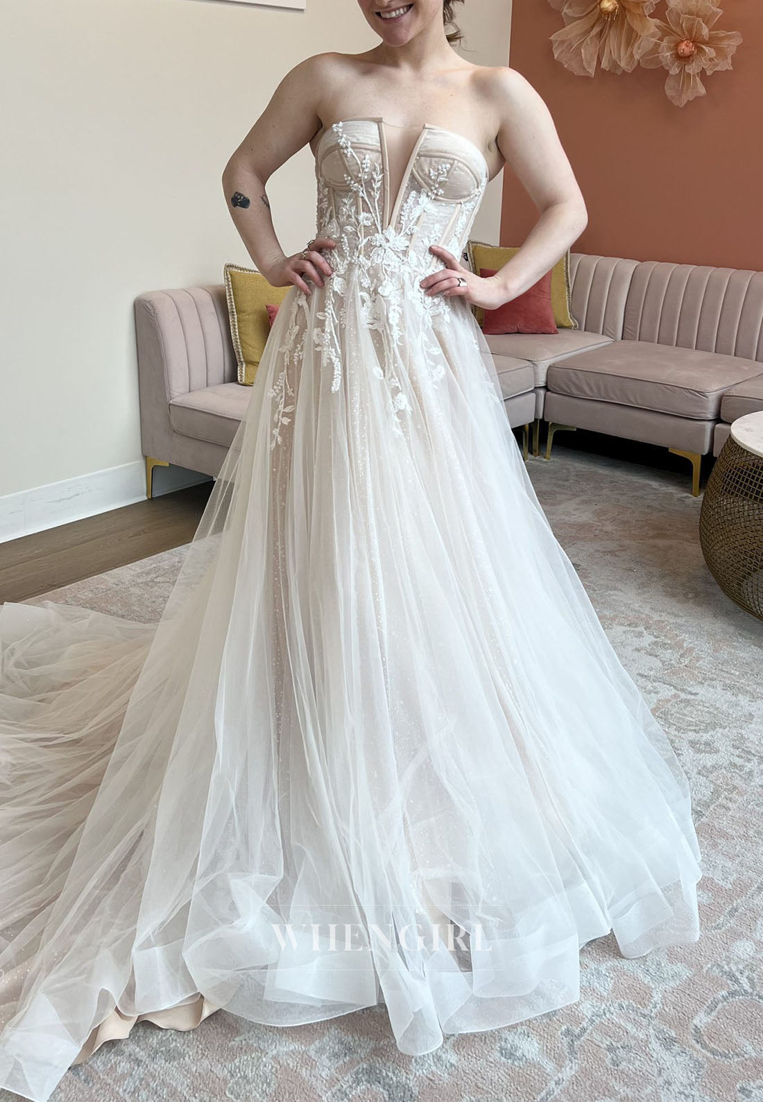 Deep Plunge Strapless Corset Tulle Wedding Dress