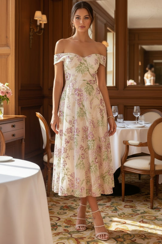 Off-the-Shoulder Floral Embroidered Midi Dress