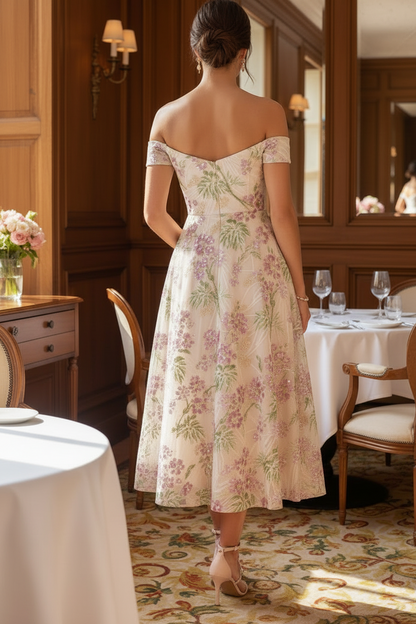 Off-the-Shoulder Floral Embroidered Midi Dress