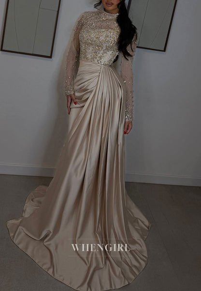 High Neck Beaded Long Sleeve Satin Mermaid Gown