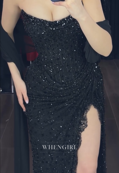 Strapless Beaded Corset Gown with High Slit