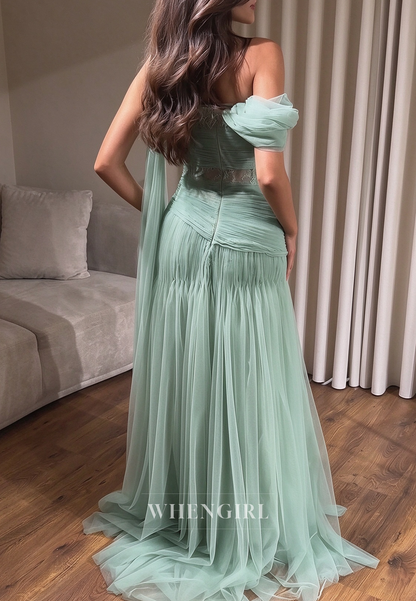 One-Shoulder Ruched Tulle Gown with Lace Inset