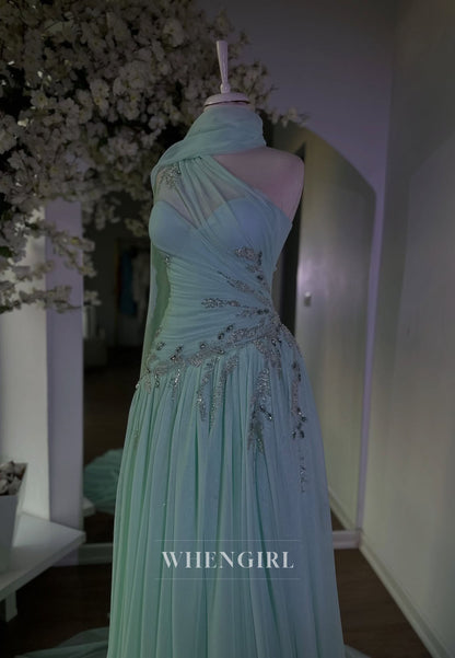 One-Shoulder Pleated Chiffon Evening Gown