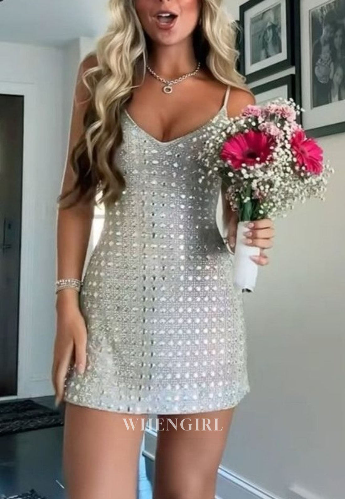 Rhinestone Embellished V-Neck Mini Dress