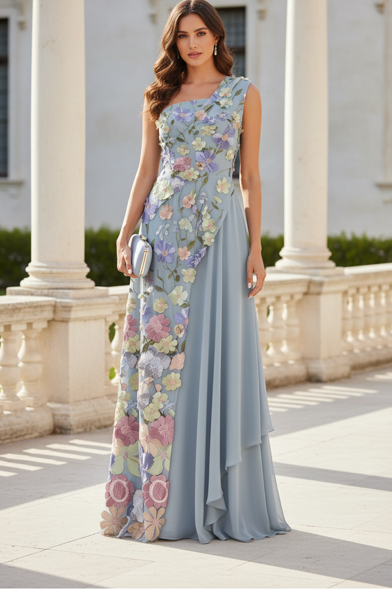 One-Shoulder 3D Floral Applique A-Line Evening Gown