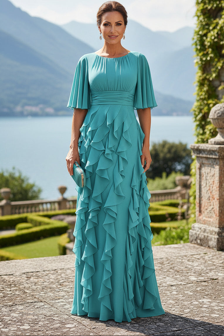 Flutter Sleeve Ruffled Chiffon Evening Gown