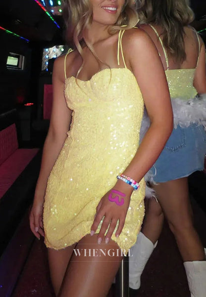 Sequin Mini Dress with Sweetheart Neckline & Halter Straps