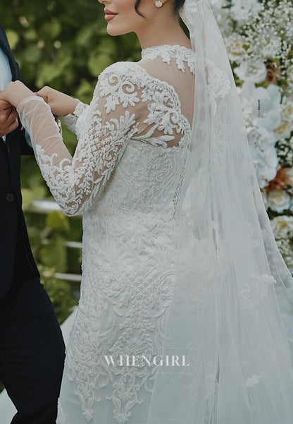 High Neck Illusion Lace Mermaid Wedding Dress