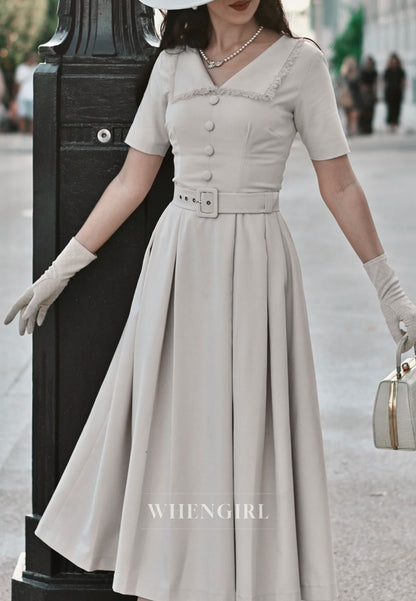Collared Midi Dress with Pleated Skirt and Belt