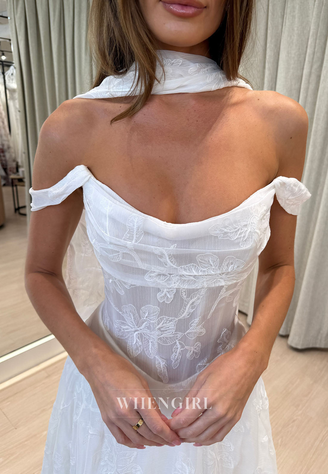 Floral Embroidered Off-the-Shoulder Wedding Dress