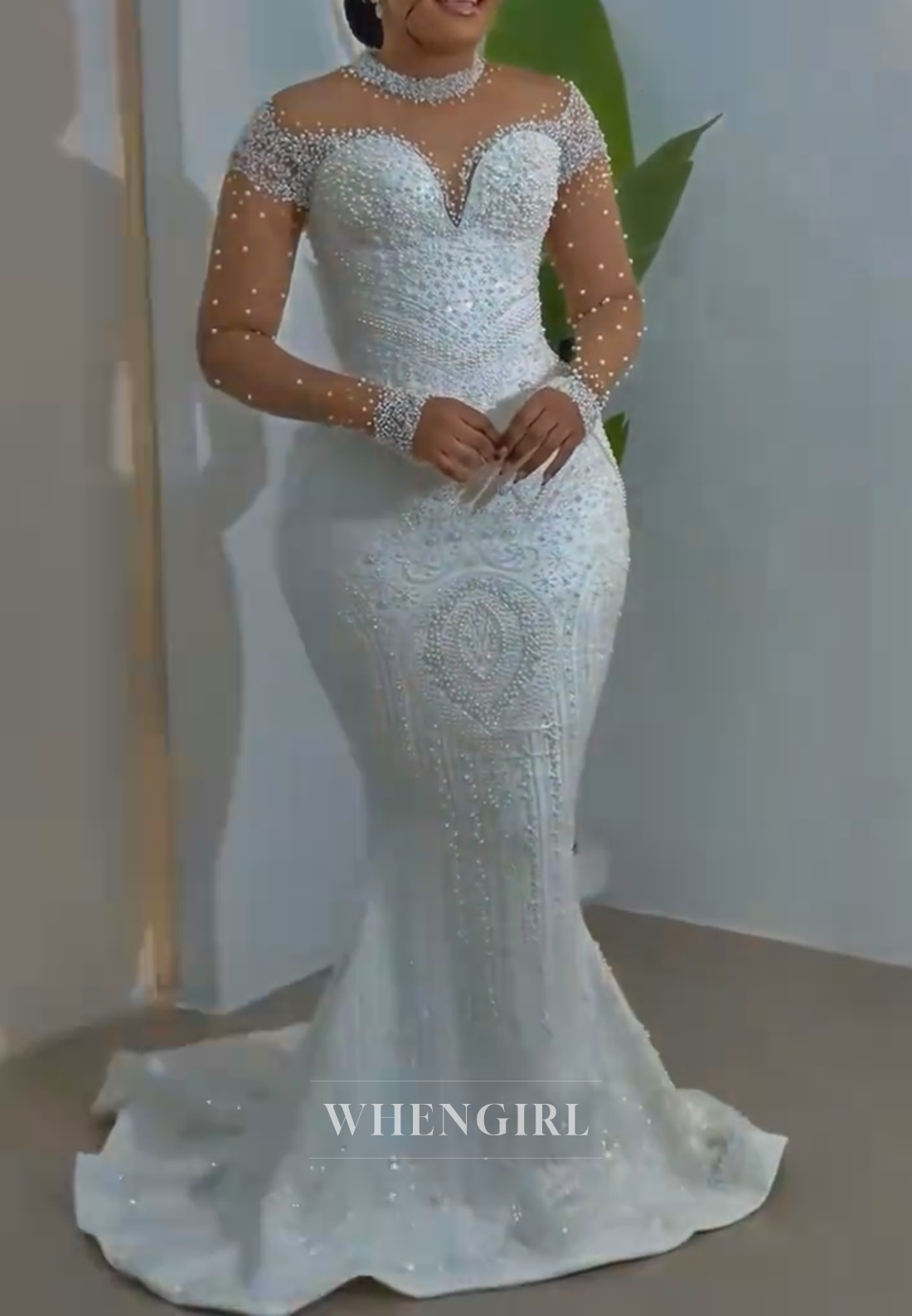 Pearl Beaded Mermaid Wedding Dress with Detachable Train