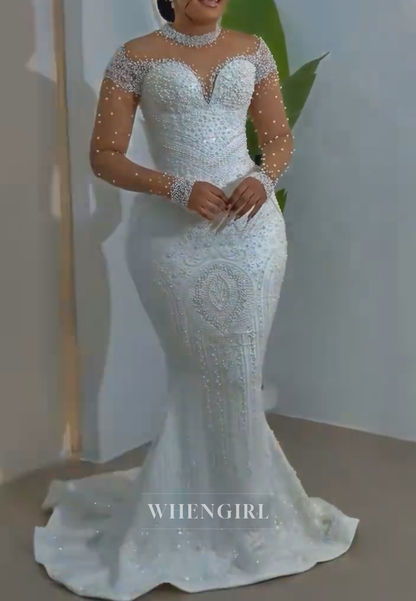 Pearl Beaded Mermaid Wedding Dress with Detachable Train