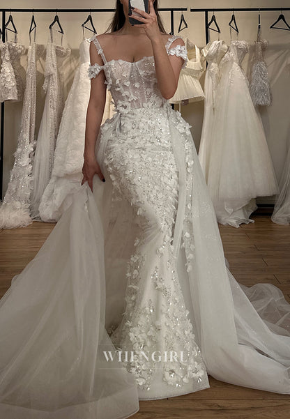 Floral Applique Mermaid Bridal Gown with Overskirt
