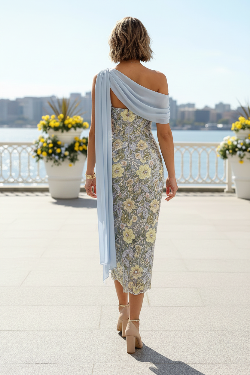 One-Shoulder Floral Lace Midi Dress