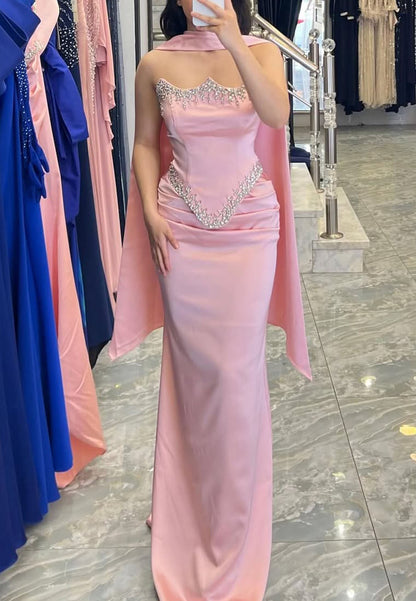 Embellished Basque Waist Satin Gown with Cape