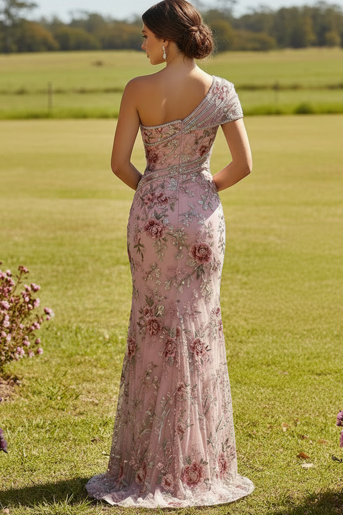 One-Shoulder Floral Embroidered Slit Gown