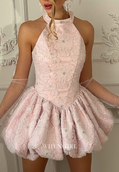 3D Floral Halter Mini Dress with Bubble Skirt