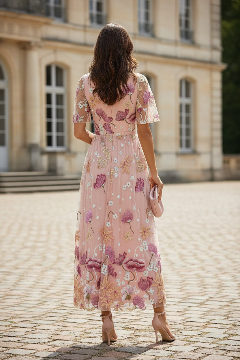 Floral Embroidered Mesh Flutter Sleeve Midi Dress