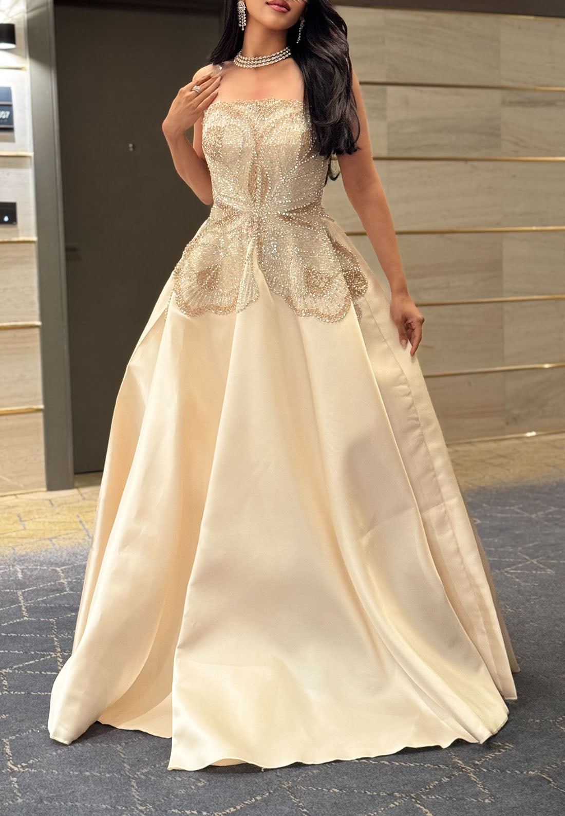 Embellished Bodice Strapless Satin Ball Gown