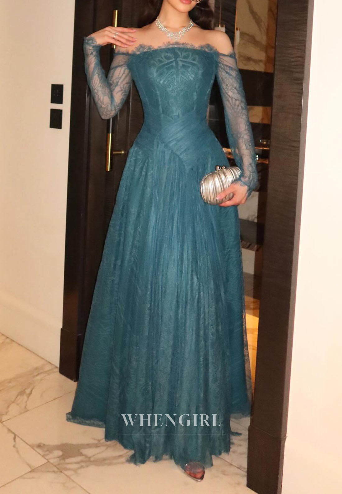 Off-the-Shoulder Lace Gown with Pleated Bodice