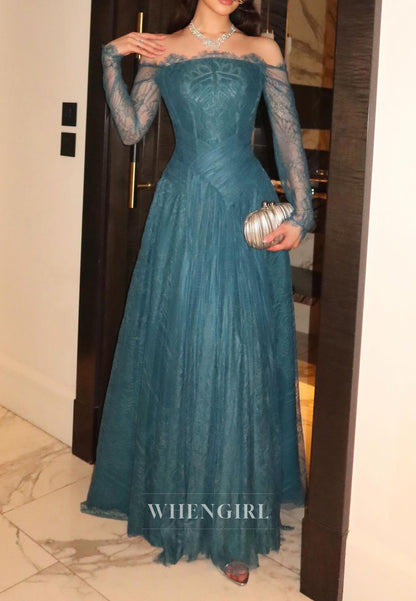 Off-the-Shoulder Lace Gown with Pleated Bodice
