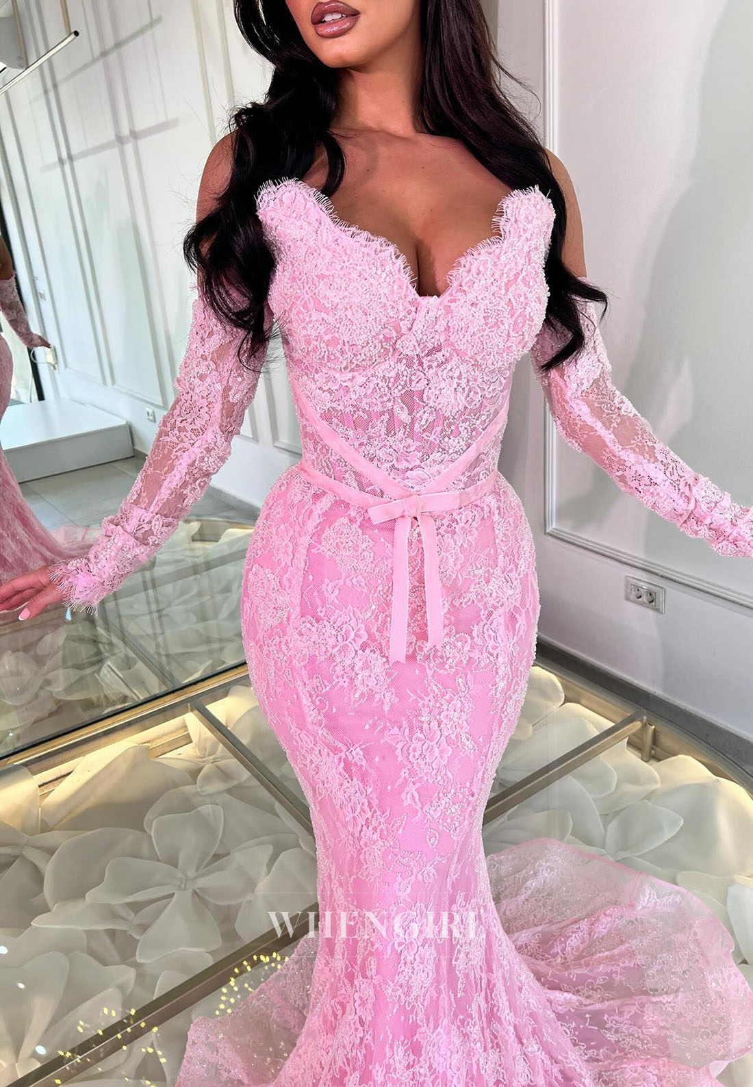 Off-the-Shoulder Long Sleeve Lace Mermaid Gown