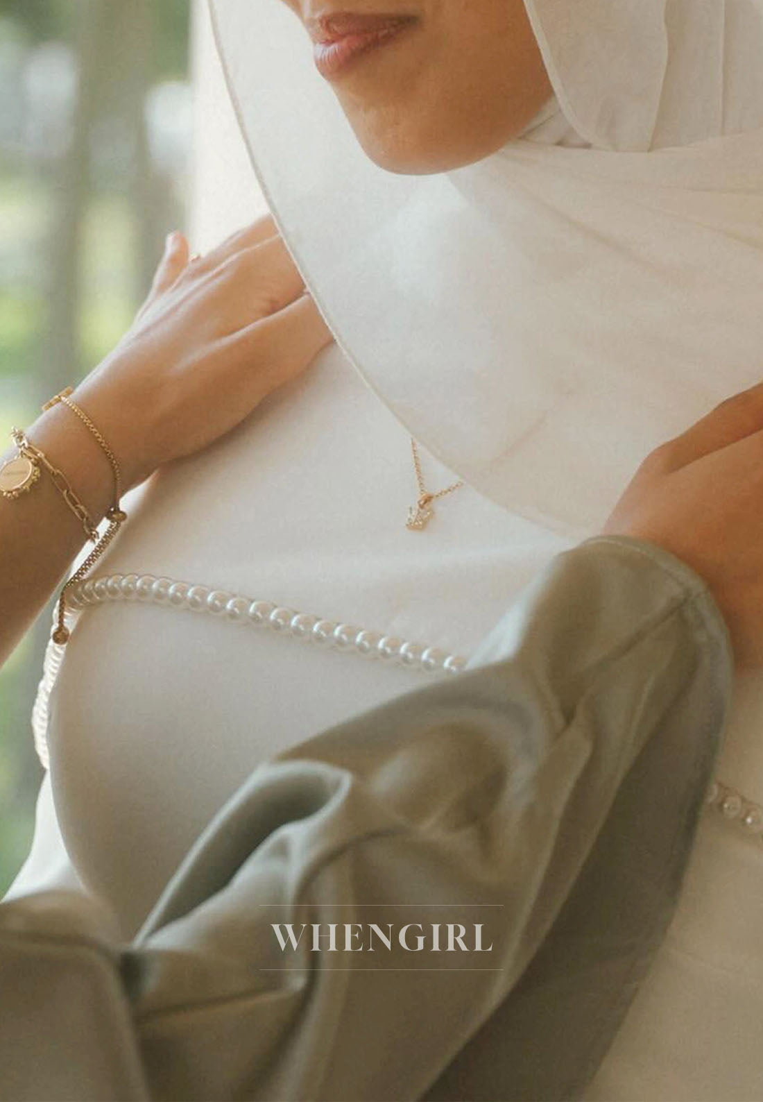 Long Sleeve Wedding Dress with Cape and Pearls