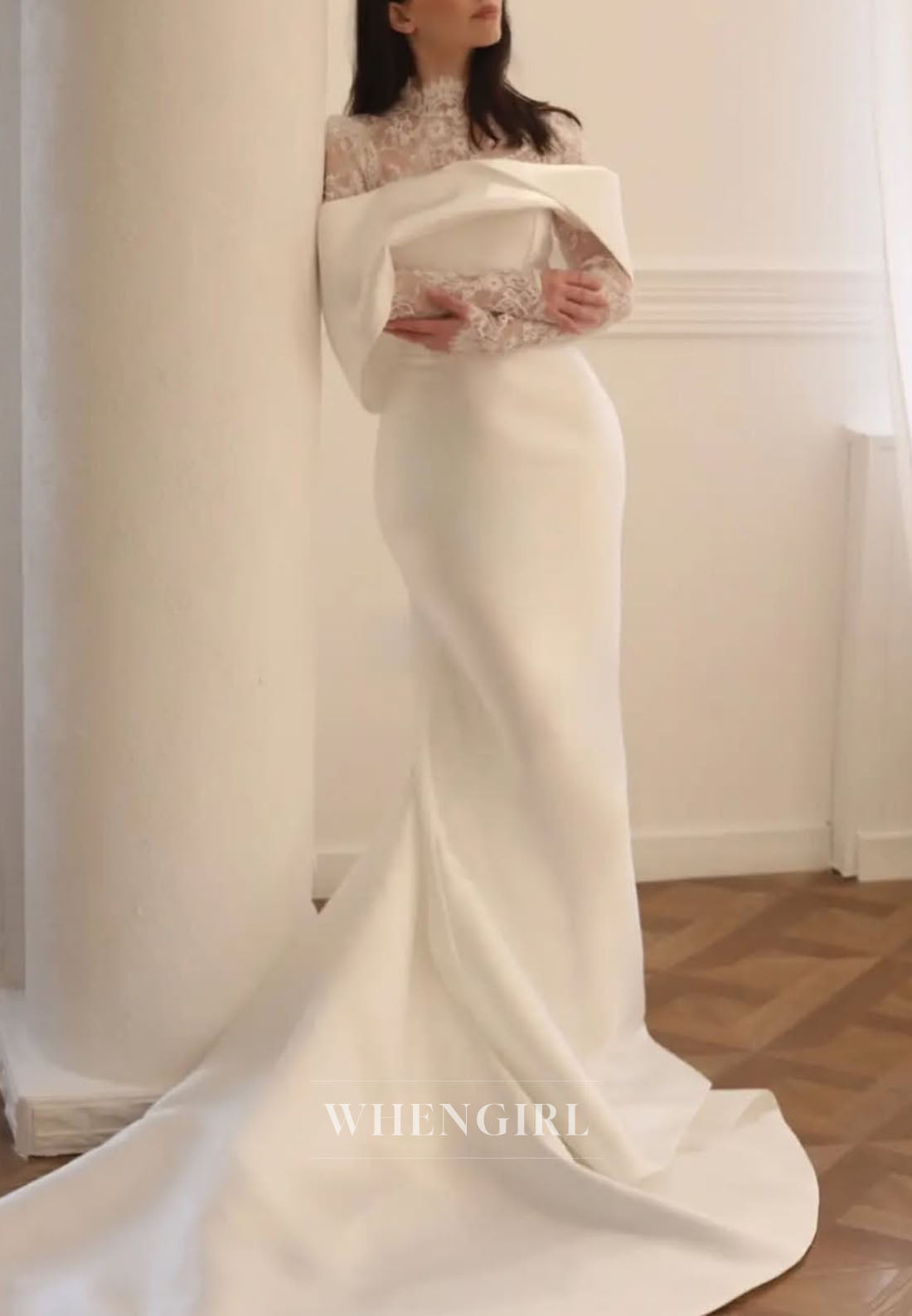 Lace High Neck Mermaid Wedding Dress with Folded Capelet