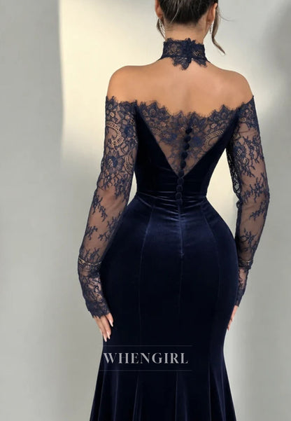 Velvet Mermaid Gown with Lace Sleeves and Choker