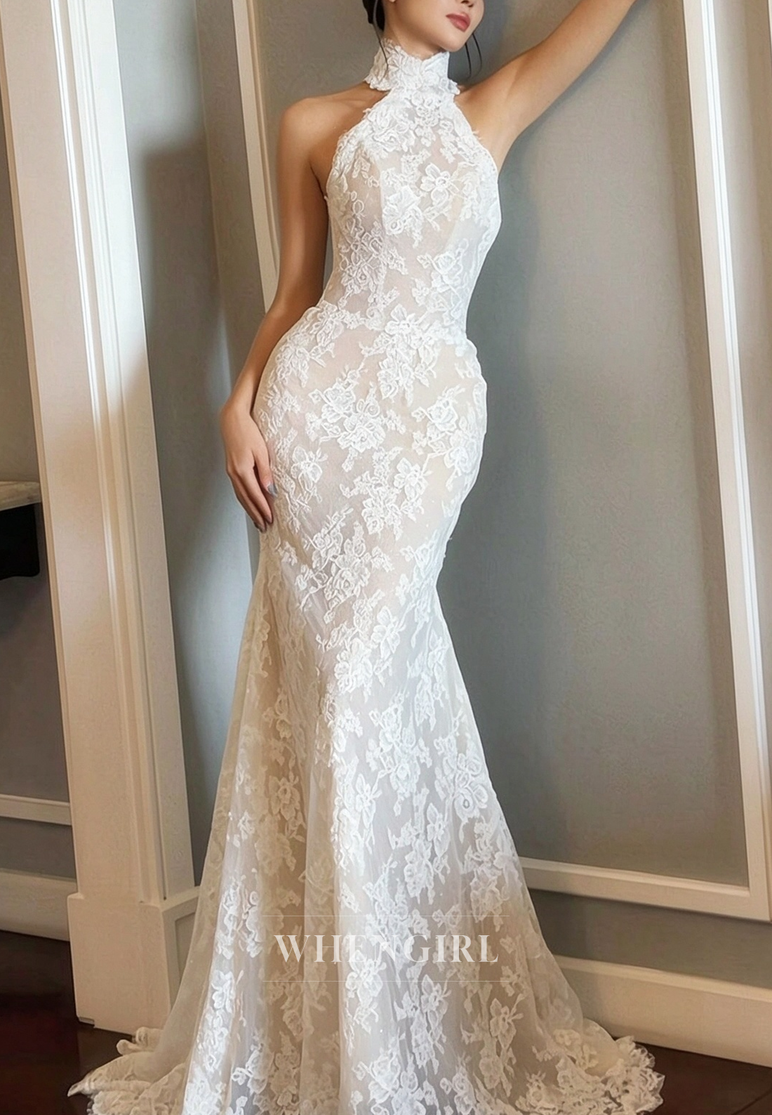 High Neck Lace Halter Mermaid Wedding Dress