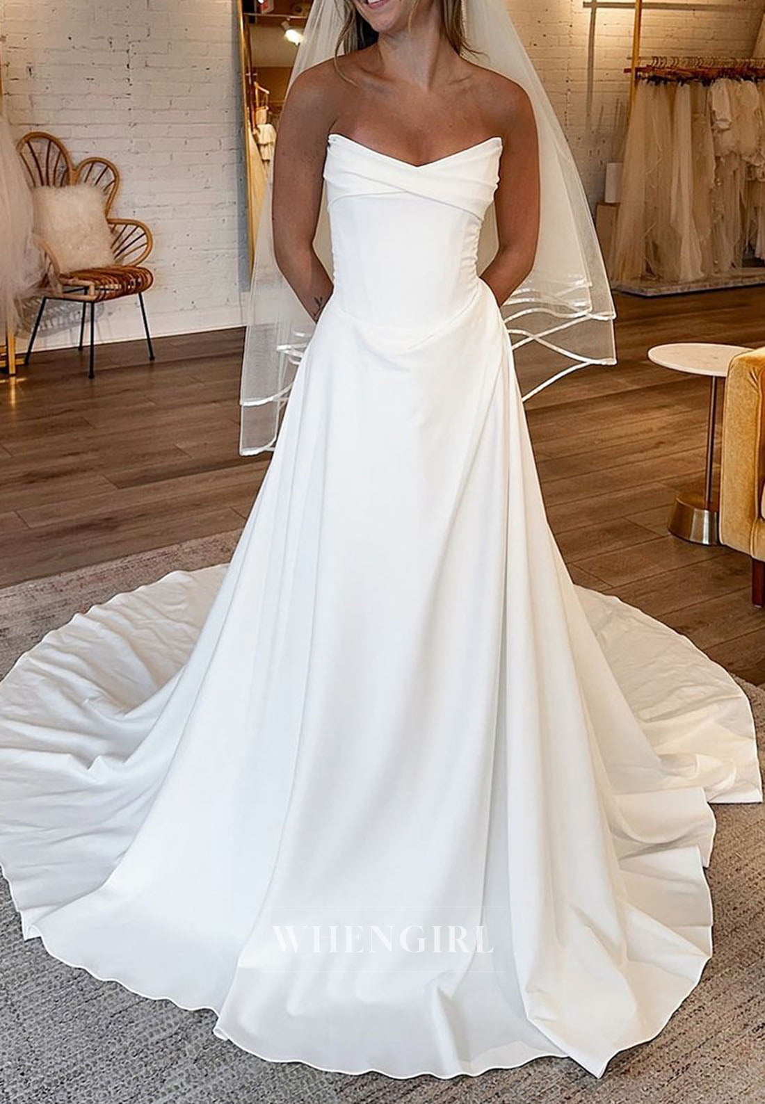 Strapless A-Line Wedding Dress with Crossover Bodice