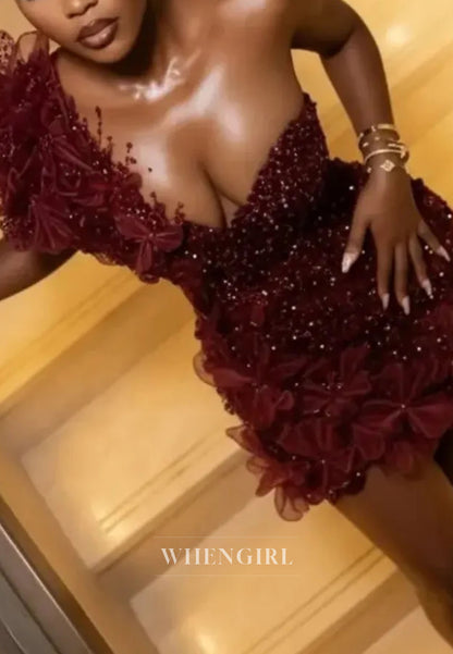 One-Shoulder 3D Flower Beaded Bodycon Mini Dress
