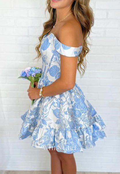 Off-the-Shoulder Floral Jacquard Corset Mini Dress