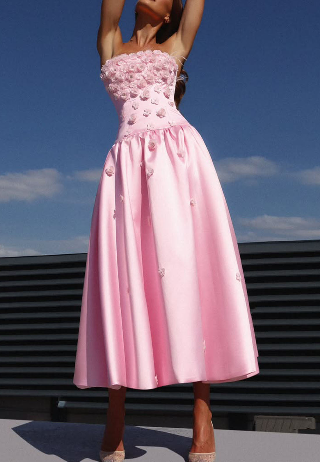 Strapless 3D Floral Midi Dress with Drop Waist
