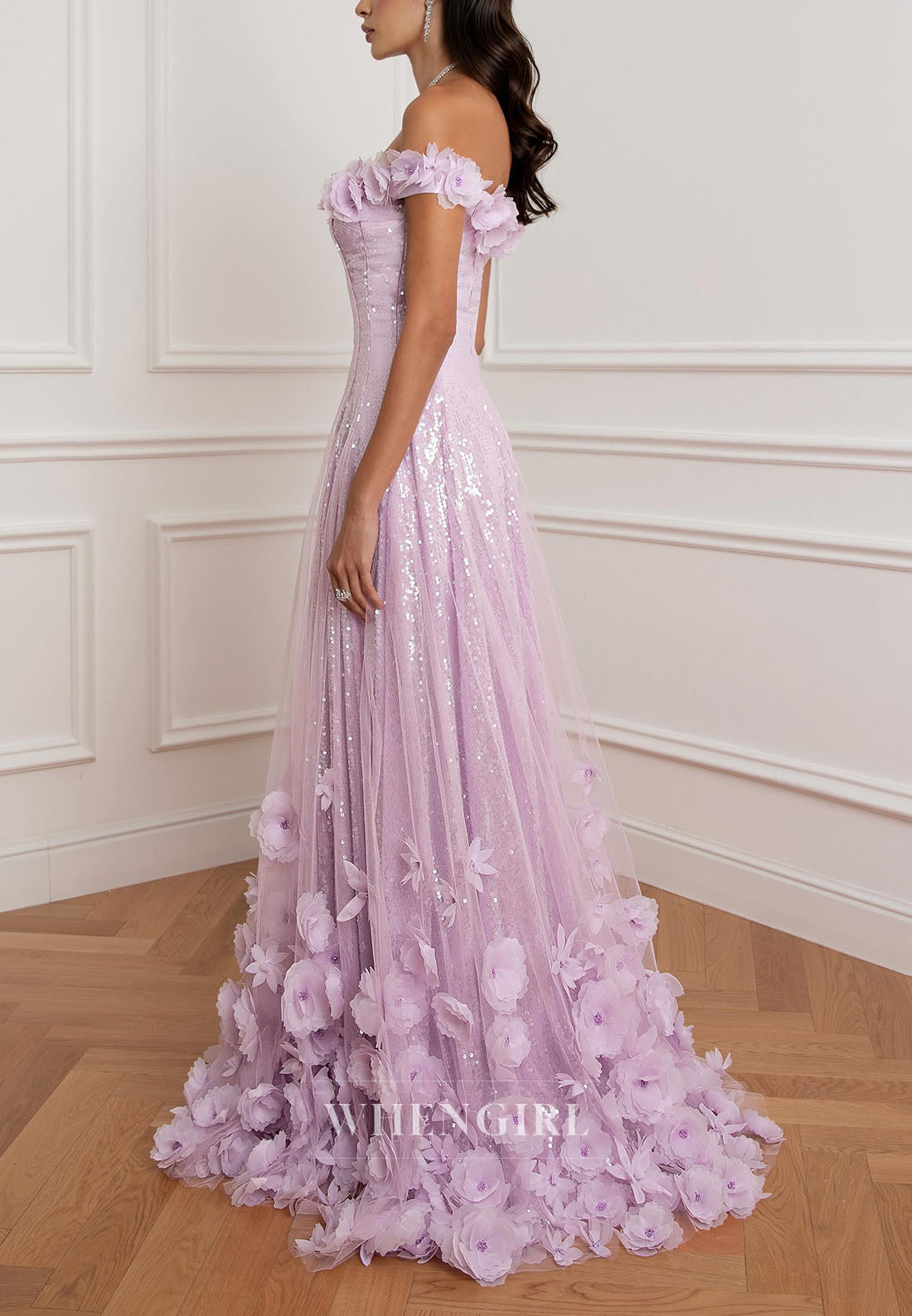 Sequin Off-the-Shoulder 3D Floral Gown