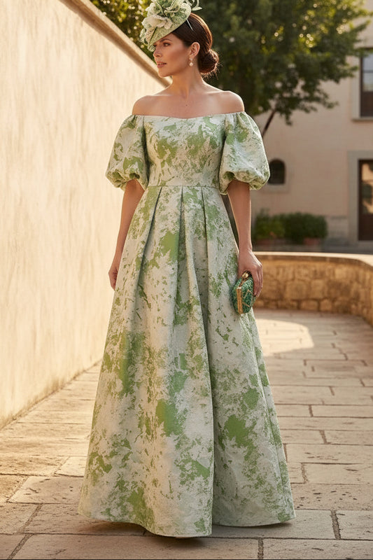 Puff Sleeve Jacquard A-Line Evening Gown