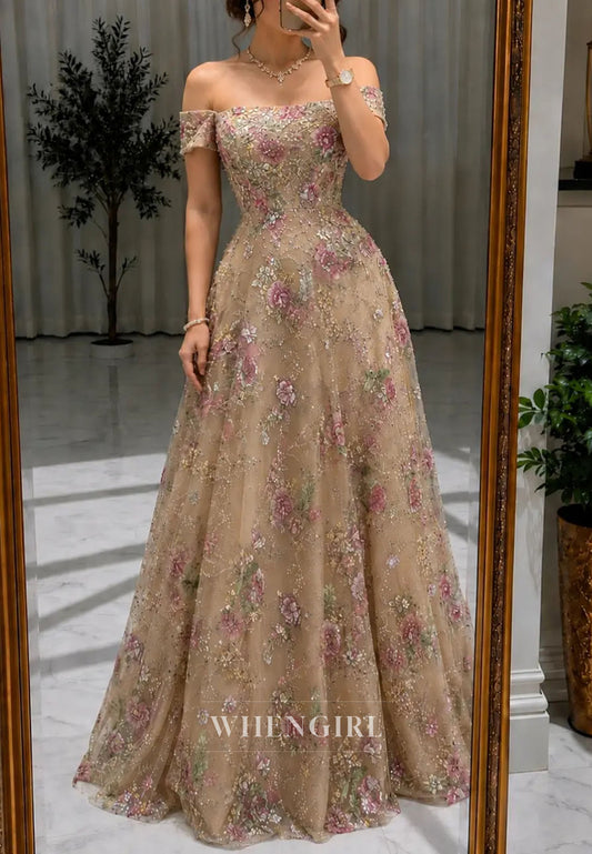 Off-The-Shoulder Embroidered Floral A-Line Gown