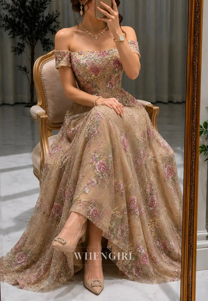 Off-The-Shoulder Embroidered Floral A-Line Gown