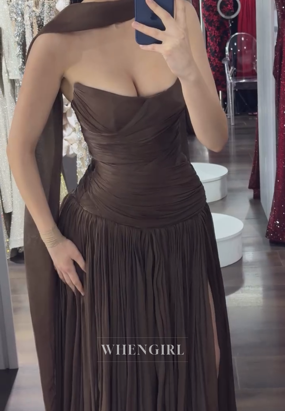 Strapless Ruched Maxi Dress with Neck Scarf and Slit