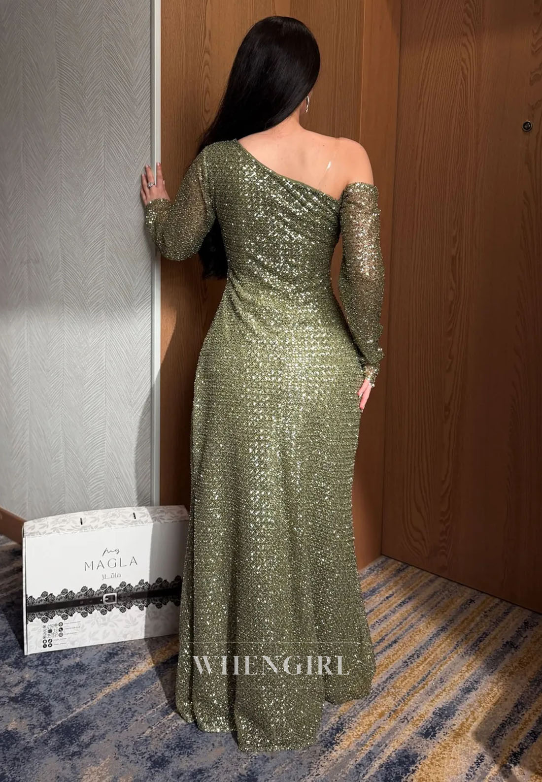 One-Shoulder Sequin Column Evening Gown