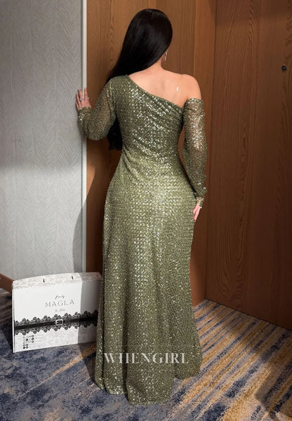 One-Shoulder Sequin Column Evening Gown