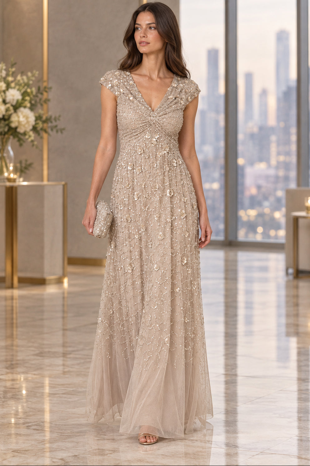 Beaded Floral Applique V-Neck Cap Sleeve Gown