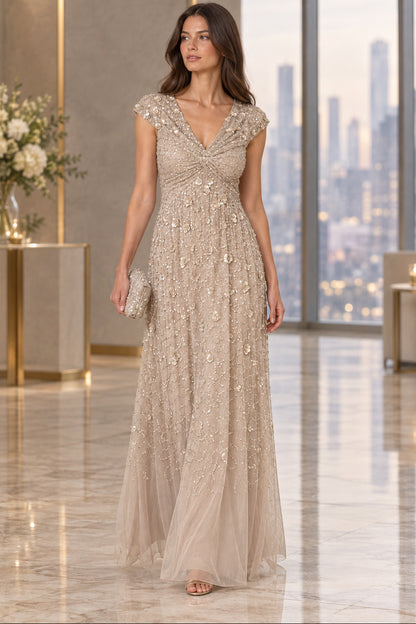 Beaded Floral Applique V-Neck Cap Sleeve Gown
