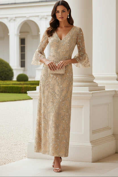 Sequin Floral V-Neck A-Line Gown with Bell Sleeves